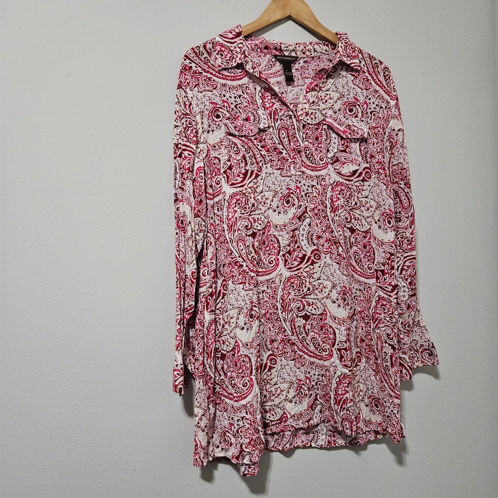 Bit & Bridle Womens Pink Paisley Rayon Long Sleeve Button Down Tunic‎ Top Large